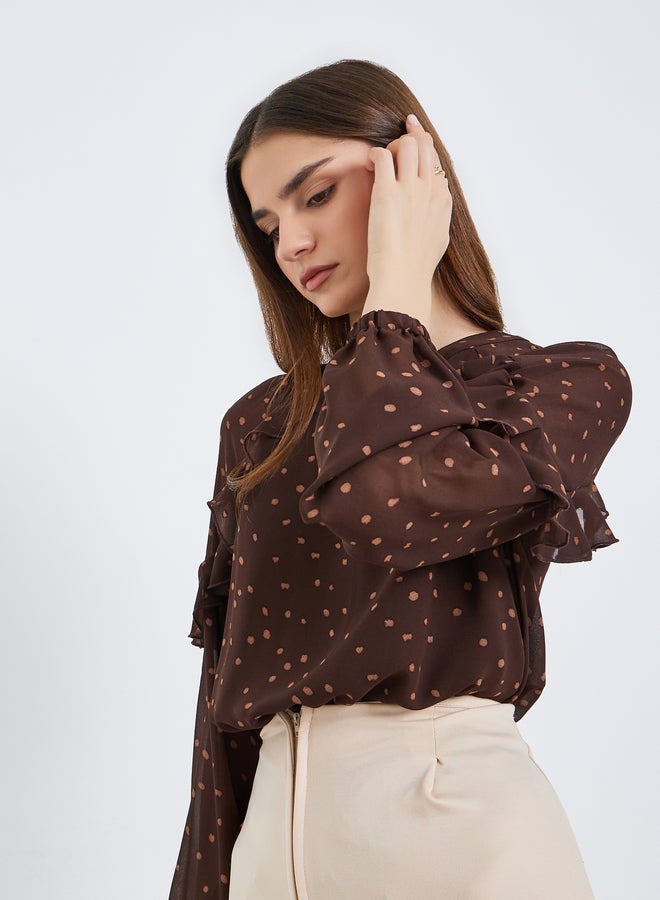 Styli Women Brown Polka Dot Long Sleeve Blouse - Image 4