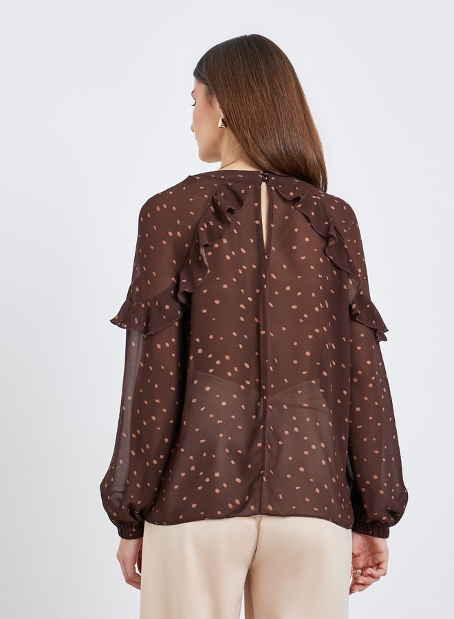 Styli Women Brown Polka Dot Long Sleeve Blouse - Image 5