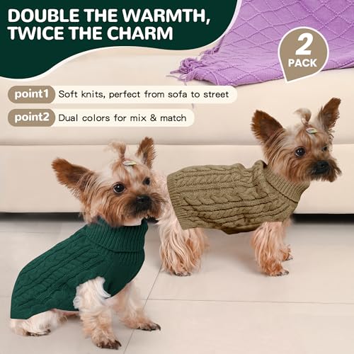 Lorehelina 2 Pack Dog Sweaters for Small Dogs Winter Turtleneck Pullover Cable Knit Fleece Stretch Puppy Doggie Chihuahua Toy Poodle Yorkie Pomeranian Boy Girl Pet Clothes (S, Green & Brown) - Image 2