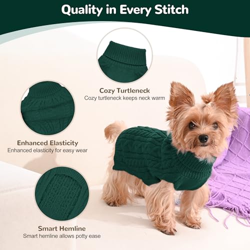 Lorehelina 2 Pack Dog Sweaters for Small Dogs Winter Turtleneck Pullover Cable Knit Fleece Stretch Puppy Doggie Chihuahua Toy Poodle Yorkie Pomeranian Boy Girl Pet Clothes (S, Green & Brown) - Image 3