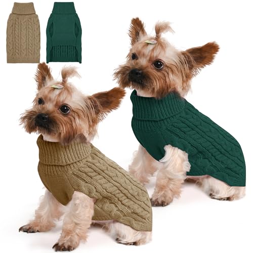 Lorehelina 2 Pack Dog Sweaters for Small Dogs Winter Turtleneck Pullover Cable Knit Fleece Stretch Puppy Doggie Chihuahua Toy Poodle Yorkie Pomeranian Boy Girl Pet Clothes (S, Green & Brown) - Image 1