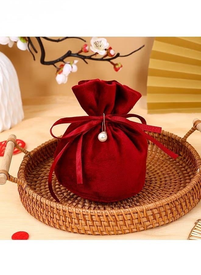 Generic 10 Pcs Velvet Bags, Round Bottom Drawstring Velvet Cloth Gift Pouches Jewelry Candy Gift Bags with Imitation Pearl Charm for Wedding Birthday Party Favors - Red - Image 3