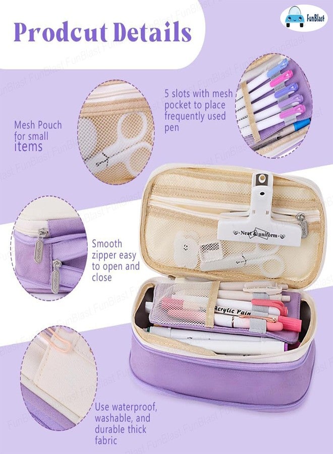 FunBlast Large Capacity Pencil Case, Multiple Compartment Double Zipper Portable Pencil Pouch, Aesthetic Pouch, Kawaii Pencil Case, Cute Pouches for Girls, Stationary Organizer Bag (Purpleee) - Image 4