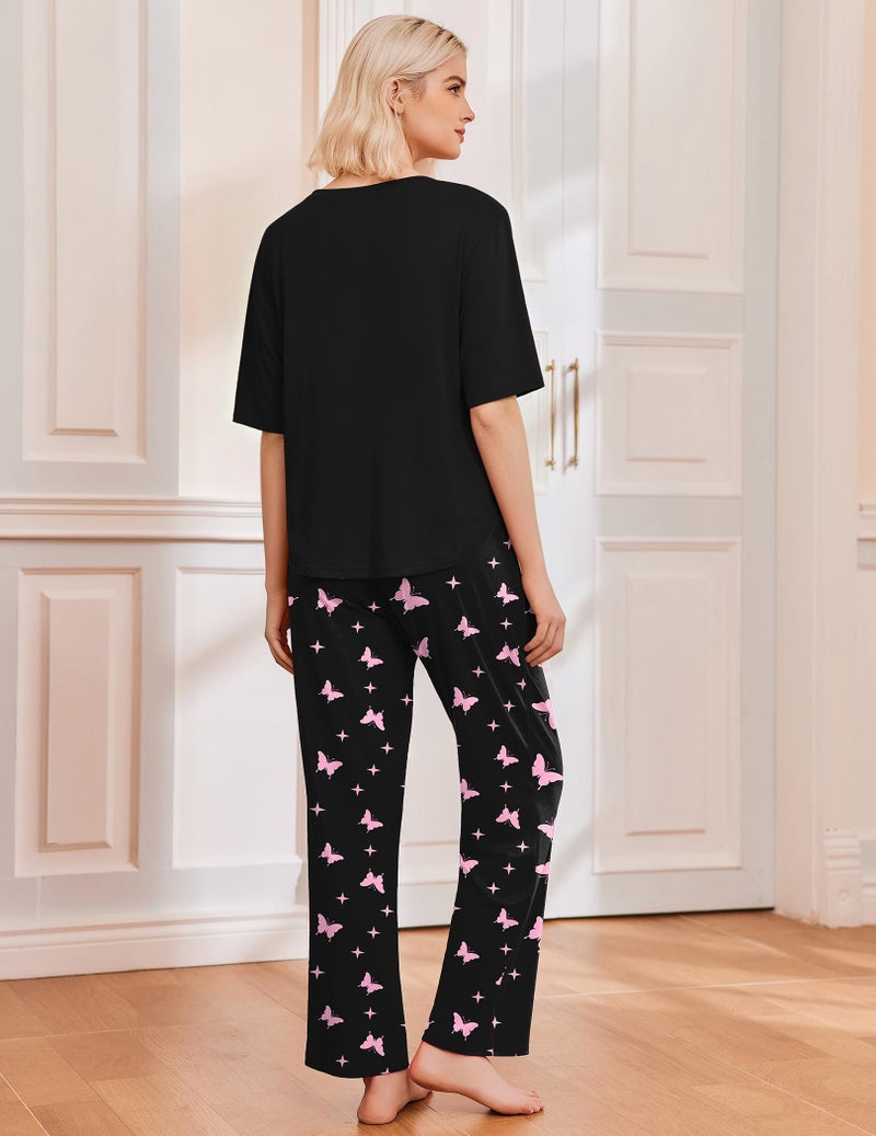 Ekouaer Pjs Sets for Women Casual Short Sleeve Crew Neck Sleepwear Tops with Pants Matching Pajamas Lounge Sets,Medium - Image 2