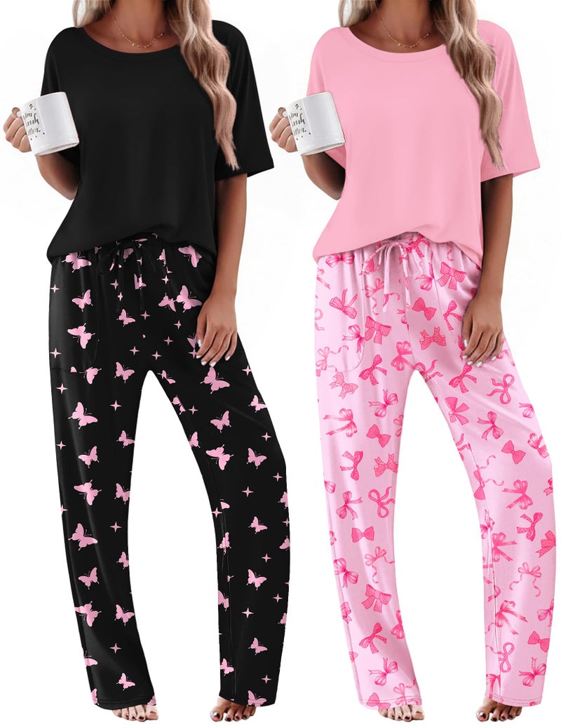 Ekouaer Pjs Sets for Women Casual Short Sleeve Crew Neck Sleepwear Tops with Pants Matching Pajamas Lounge Sets,Medium - Image 1