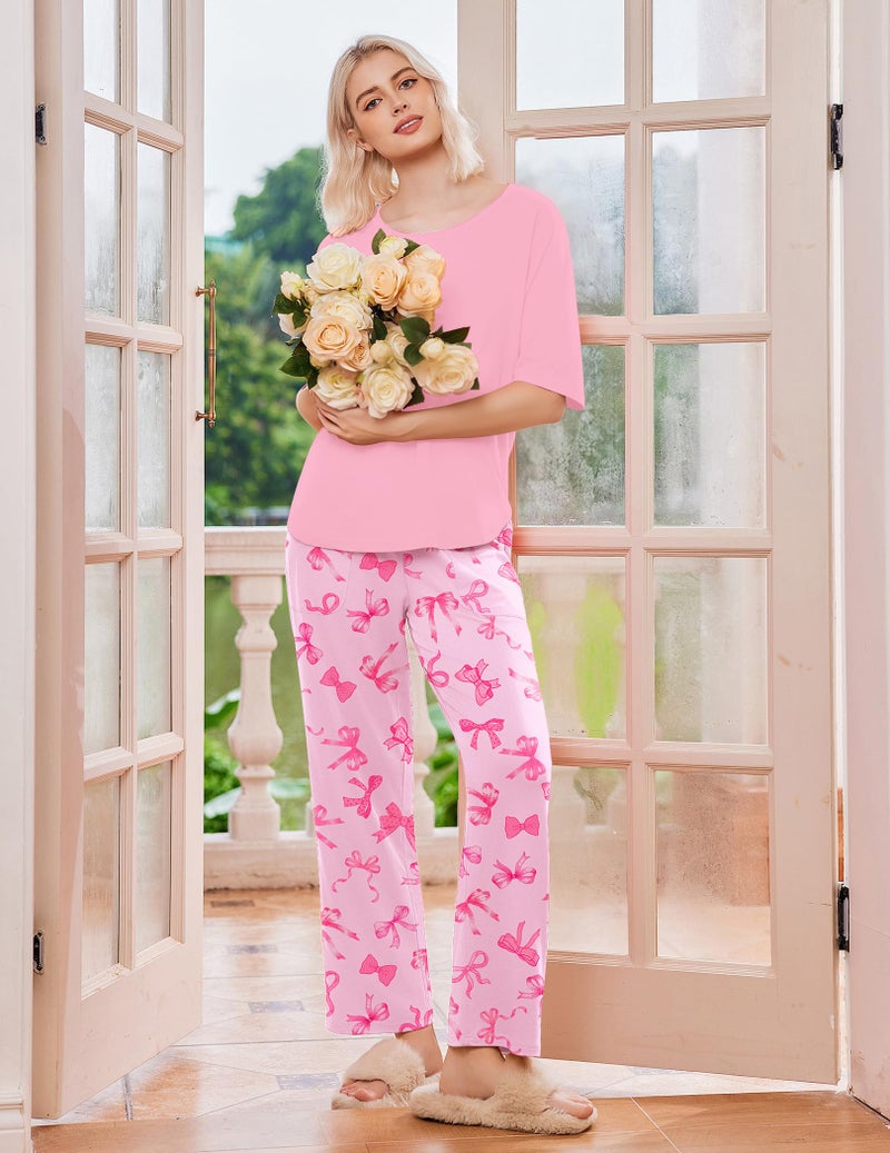 Ekouaer Pjs Sets for Women Casual Short Sleeve Crew Neck Sleepwear Tops with Pants Matching Pajamas Lounge Sets,Medium - Image 3