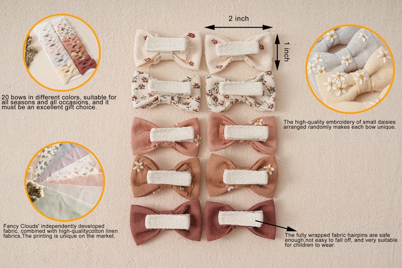 Fancy Clouds Baby Hair Clips with Bows for Girls,20pc Handmade Fully Lined Hair Barrettes,Hair Accessories for All Age Girls Toddlers Infants kids Gifts - Image 2
