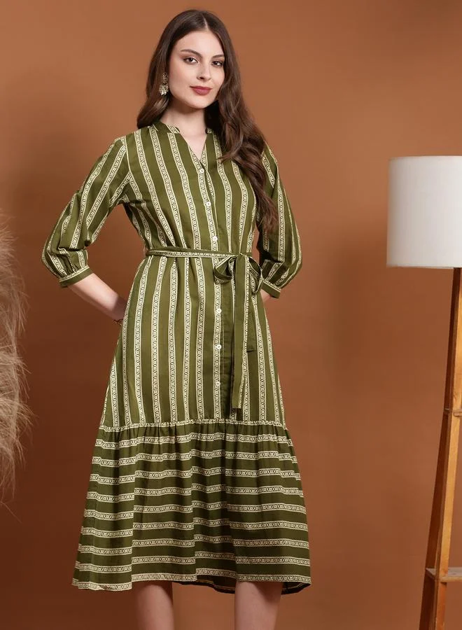 Globus Olive Striped A-Line Midi Dress