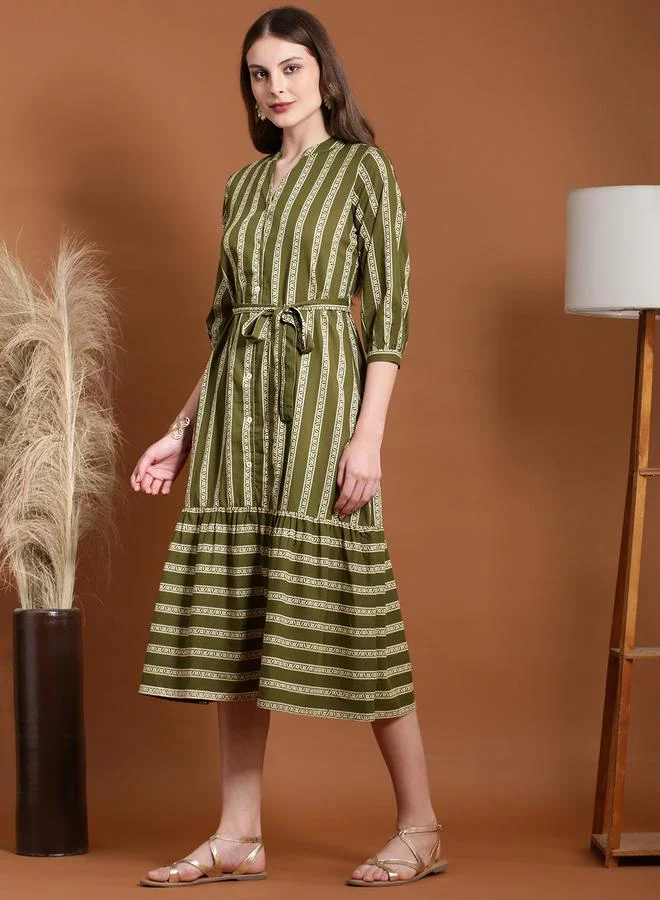 Globus Olive Striped A-Line Midi Dress