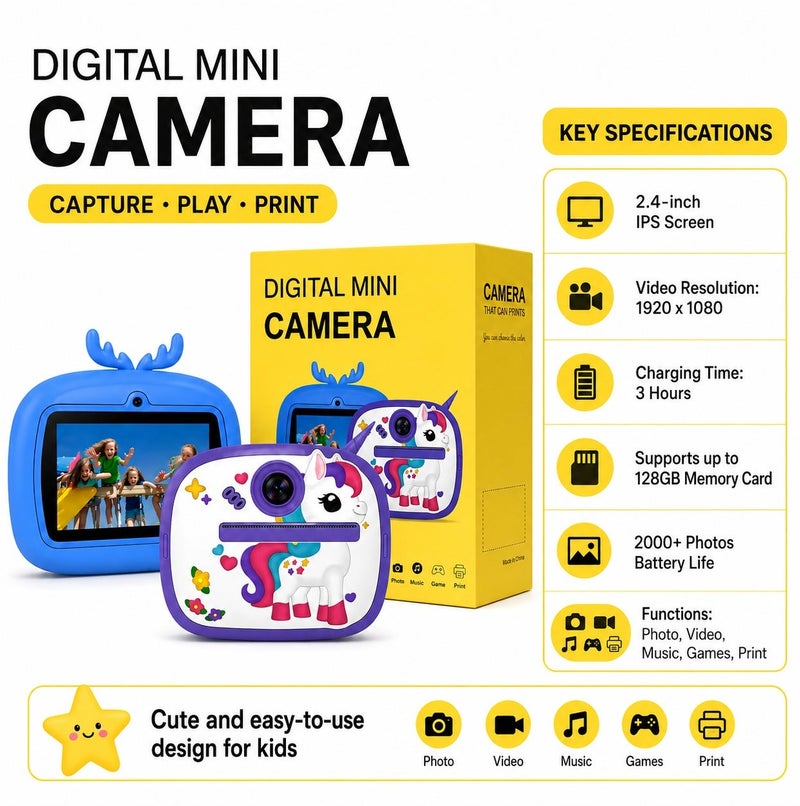 Kids Digital Mini Instant Print Camera with 2.4 Inch IPS Screen, Video Recording, Photo Printing, MP3 Player, Games, Funny Frames, 1080P Video, Up to 128GB Memory Card Support, Cute Unicorn Design - Image 1