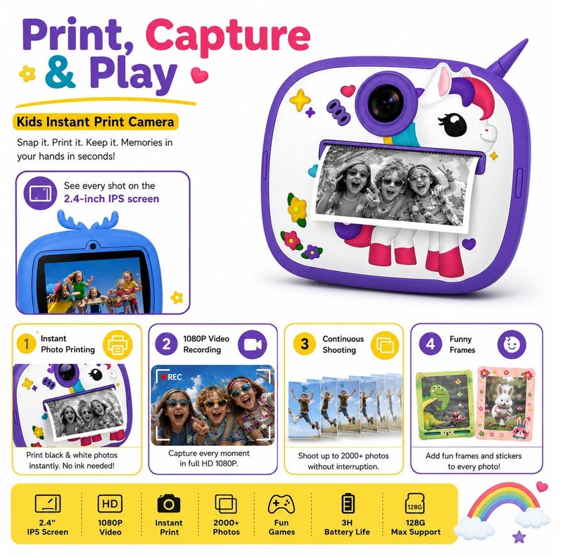 Kids Digital Mini Instant Print Camera with 2.4 Inch IPS Screen, Video Recording, Photo Printing, MP3 Player, Games, Funny Frames, 1080P Video, Up to 128GB Memory Card Support, Cute Unicorn Design - Image 5
