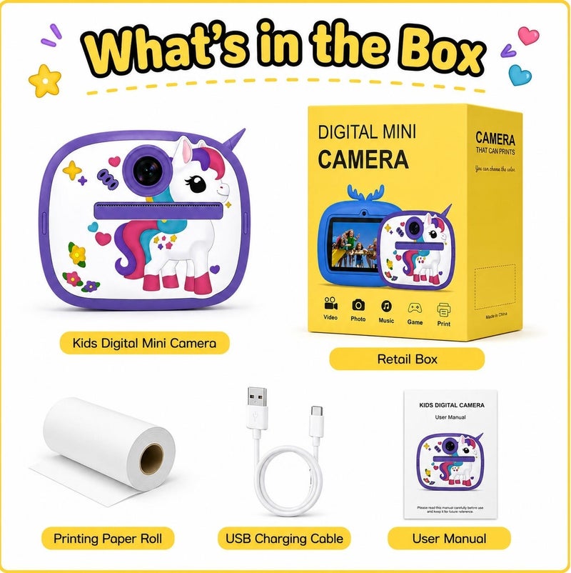 Kids Digital Mini Instant Print Camera with 2.4 Inch IPS Screen, Video Recording, Photo Printing, MP3 Player, Games, Funny Frames, 1080P Video, Up to 128GB Memory Card Support, Cute Unicorn Design - Image 4
