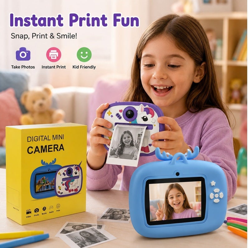 Kids Digital Mini Instant Print Camera with 2.4 Inch IPS Screen, Video Recording, Photo Printing, MP3 Player, Games, Funny Frames, 1080P Video, Up to 128GB Memory Card Support, Cute Unicorn Design - Image 3
