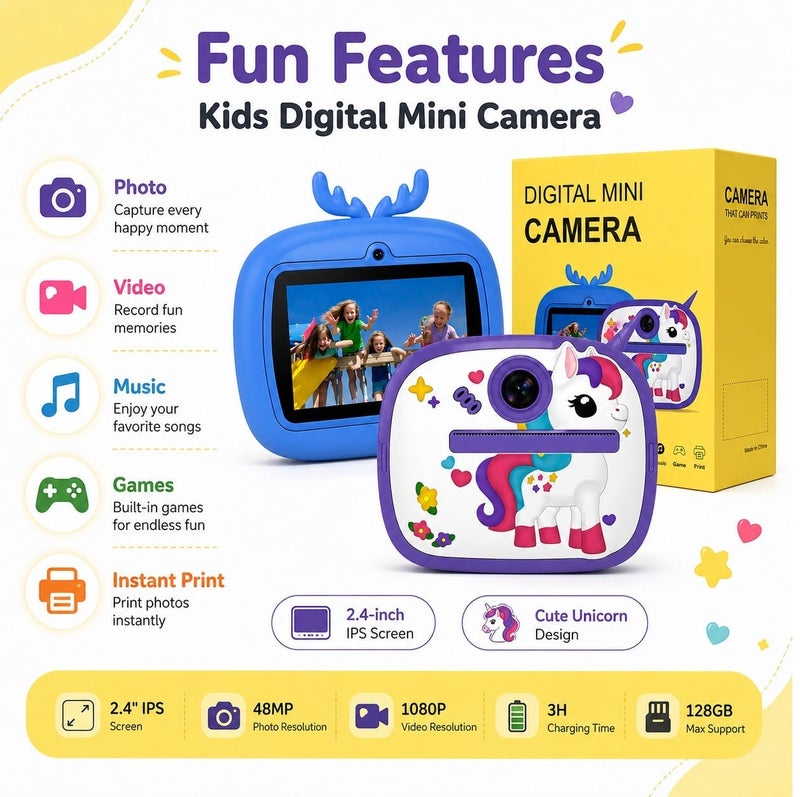 Kids Digital Mini Instant Print Camera with 2.4 Inch IPS Screen, Video Recording, Photo Printing, MP3 Player, Games, Funny Frames, 1080P Video, Up to 128GB Memory Card Support, Cute Unicorn Design - Image 2