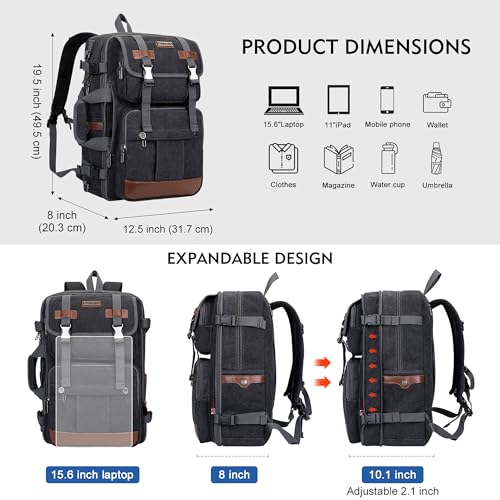WITZMAN Canvas Travel Backpack for Men Large Laptop Backpack Fit 17 inch Carry-on Airline Approved Convertible Shoulder Rucksack(A6617 Black) - Image 3