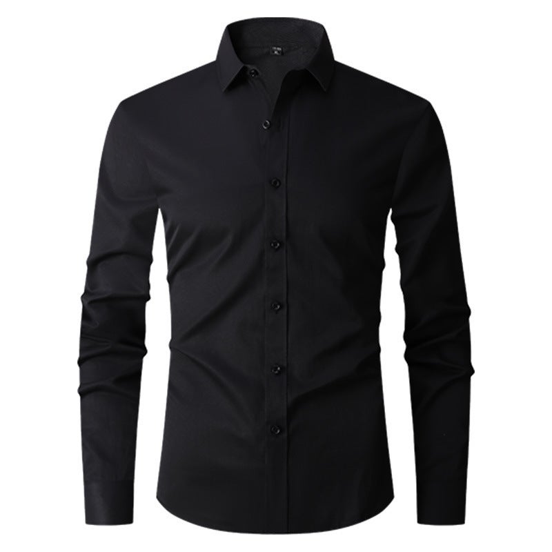 Cross-border New Foreign Trade Mens Business Professional Long-sleeved Solid Color Shirt Best Mans Wedding Inner Shirt Slim-fit Top Black - Image 1