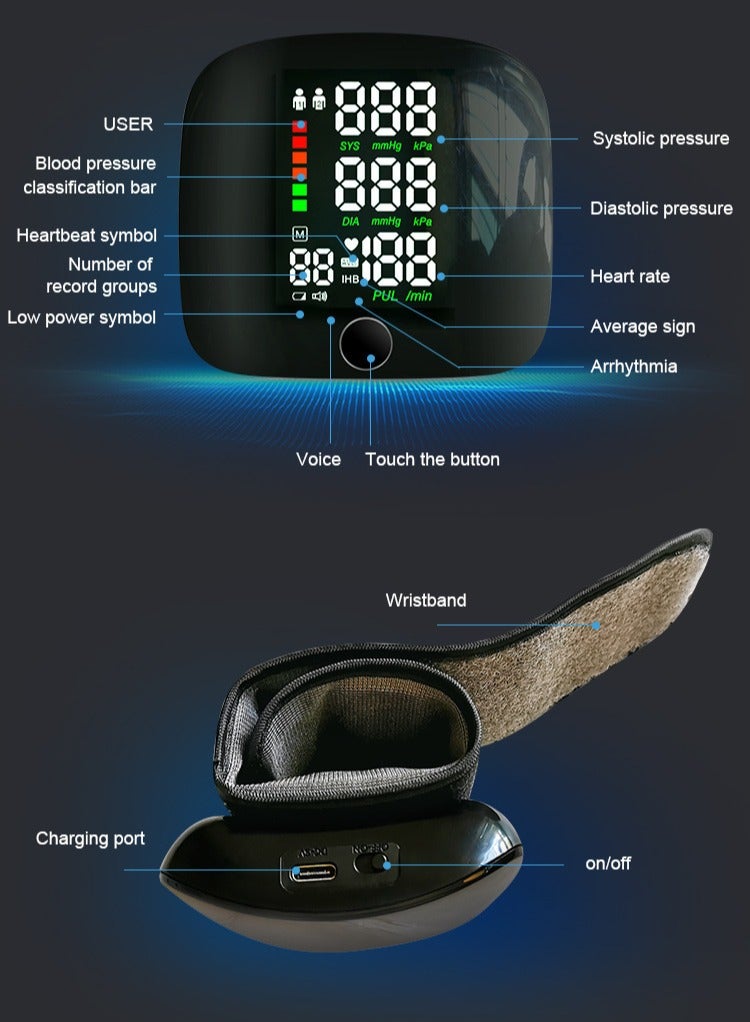 Rechargeable Digital Wrist Blood Pressure Monitor Adjustable Cuff Bp Detector 2x99 Readings Memory Large Display Voice Heart Rate Automatic Tensiometer - Image 5