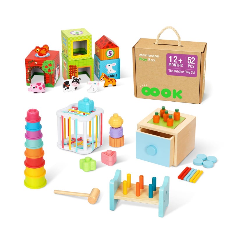 OOOK Montessori Toys for 1 Year Old 7 in 1 Learning Educational Kit with Sensory BinNesting Box 3 in 1 Educational BoxPounding Bench and Baby Stacking Cups - Image 2