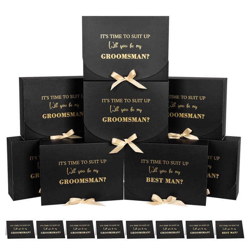 WLUSEAXI Groomsmen Proposal Box with Cards, 10.6x7.9x3.1 Inch Gift Box with Ribbon, Will You Be My Groomsman Box for Best Man Proposal Set of 8 - Image 1