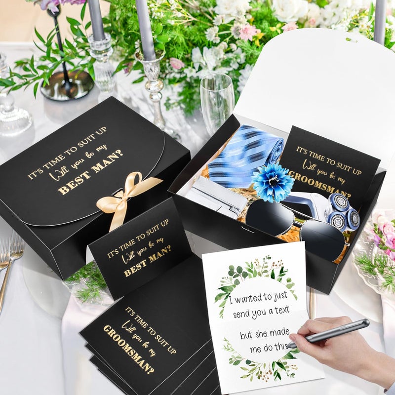 WLUSEAXI Groomsmen Proposal Box with Cards, 10.6x7.9x3.1 Inch Gift Box with Ribbon, Will You Be My Groomsman Box for Best Man Proposal Set of 8 - Image 3