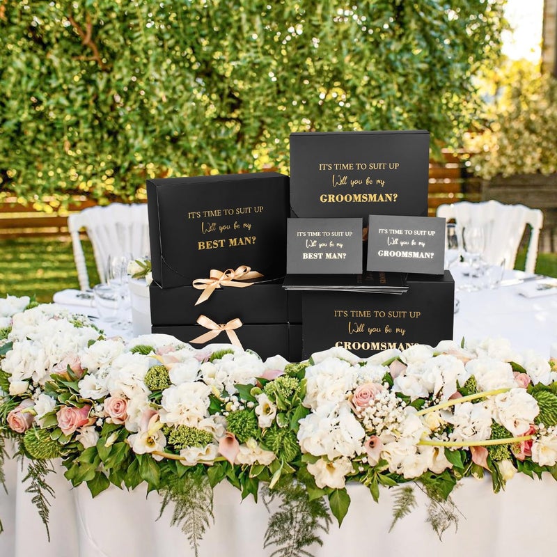 WLUSEAXI Groomsmen Proposal Box with Cards, 10.6x7.9x3.1 Inch Gift Box with Ribbon, Will You Be My Groomsman Box for Best Man Proposal Set of 8 - Image 4