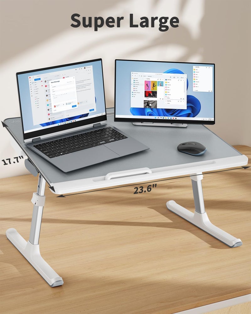 SAIJI Laptop tray, SAIJI 60*45cm Table lap for bed, Multi-purpose Premium Lapdesk, Height Angle adjustable, with Book Stand, Drawer, Tablet slot, for Eating, Working, Writing, Gaming, Drawing (Light Grey) - Image 3