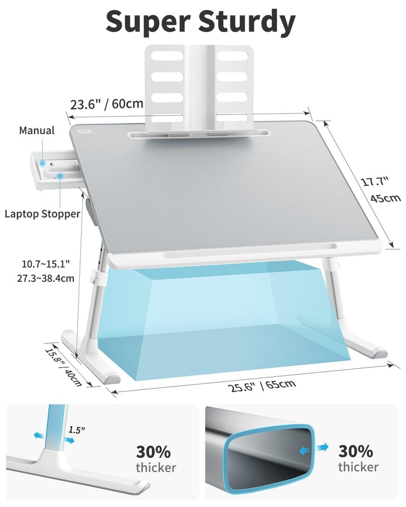 SAIJI Laptop tray, SAIJI 60*45cm Table lap for bed, Multi-purpose Premium Lapdesk, Height Angle adjustable, with Book Stand, Drawer, Tablet slot, for Eating, Working, Writing, Gaming, Drawing (Light Grey) - Image 2