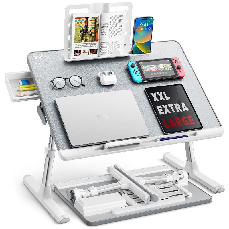 SAIJI Laptop tray, SAIJI 60*45cm Table lap for bed, Multi-purpose Premium Lapdesk, Height Angle adjustable, with Book Stand, Drawer, Tablet slot, for Eating, Working, Writing, Gaming, Drawing (Light Grey) - Image 1