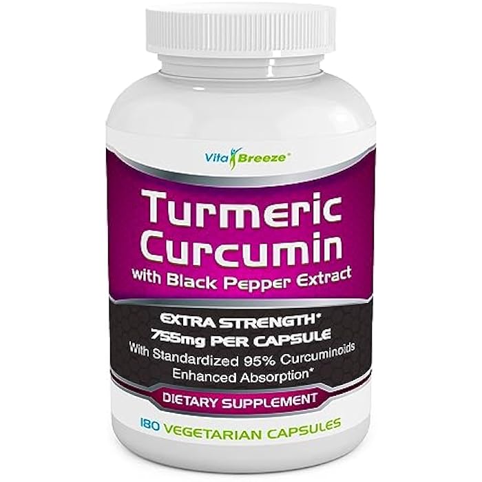 VitaBreeze Turmeric Curcumin Complex with Black Pepper Extract - 755mg per Capsule, 180 Veg. Caps - Contains Piperine (for Superior Absorption and Tumeric Bio-Availability) and 95% Standardized Curcuminoids - Image 1
