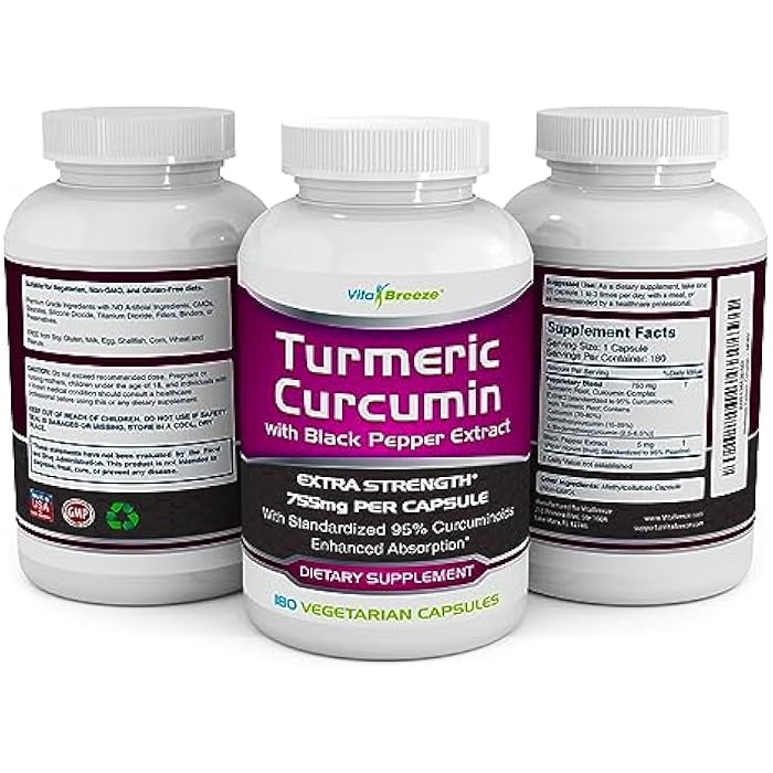 VitaBreeze Turmeric Curcumin Complex with Black Pepper Extract - 755mg per Capsule, 180 Veg. Caps - Contains Piperine (for Superior Absorption and Tumeric Bio-Availability) and 95% Standardized Curcuminoids - Image 4