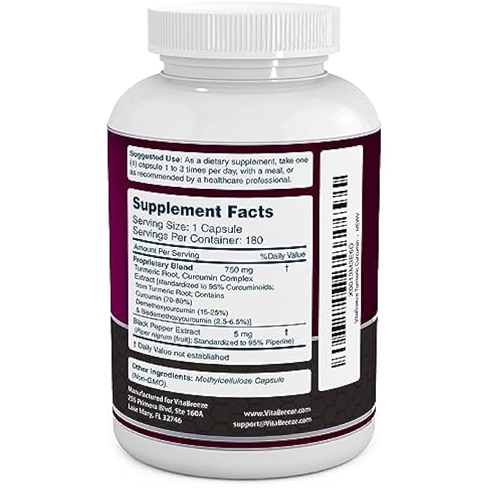 VitaBreeze Turmeric Curcumin Complex with Black Pepper Extract - 755mg per Capsule, 180 Veg. Caps - Contains Piperine (for Superior Absorption and Tumeric Bio-Availability) and 95% Standardized Curcuminoids - Image 2