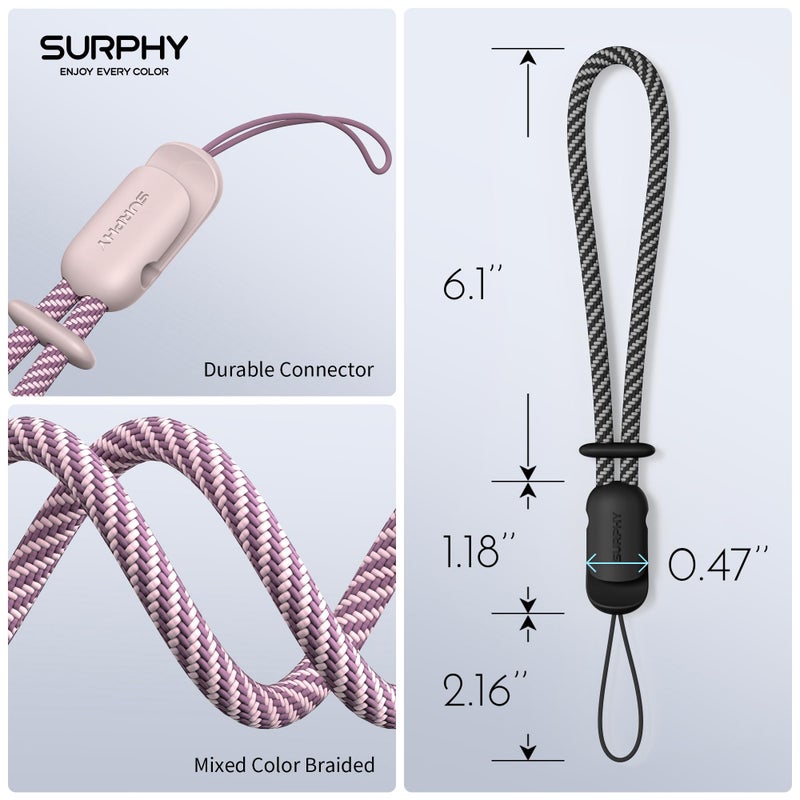 SURPHY 2 Pack Phone Lanyard for Cellphone Case, Phone Wrist Strap for Case, Cellphone Strap with 2-Color Braided, Charm Wrist Lanyard for Women and Men, Cellphone Wrist Lanyard for Women, Pink & Black - Image 3
