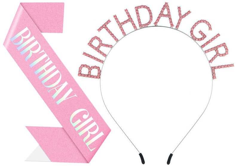 Papoopy Birthday Headband with Sash for Women, Birthday Crown Tiara for Decorations Pink - Image 1