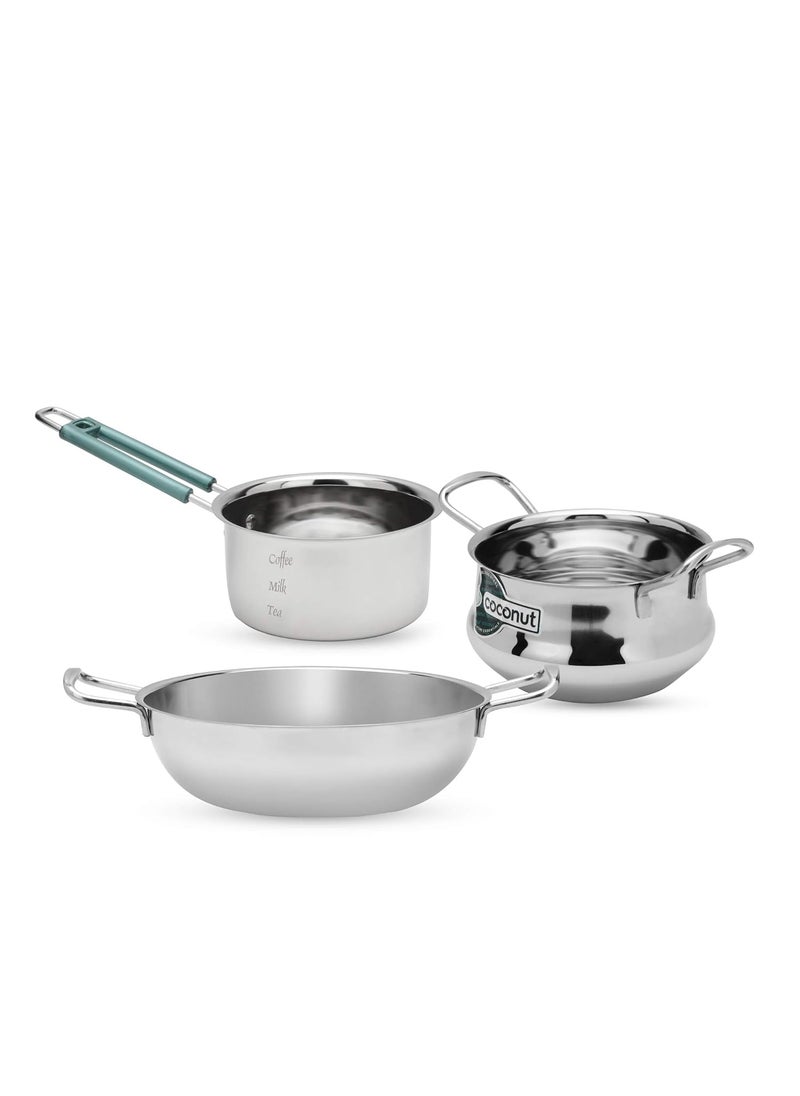 Coconut - Coconut Stainless Steel Cookware Combo - Induction and Gas Stove compactible -3 pc Set - Kadai - 1, Sauce Pan -1, Cooking Pot-1 - Image 1