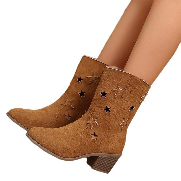 Retro Western Cowboy Boots Women'S 2024 New Star Boots Chunky Heel Middle Boots Pointed Martin Boots Women - Image 5