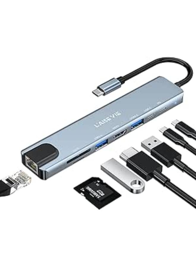 USB C Hub, 8-in-1 USB C Port hub to Rj45 Ethernet Port USB3.0 & 2.0 Port 1*PD 100W Charging USB 1*USB/C Port 1 HDMI Port 1Tf & 1SD Port