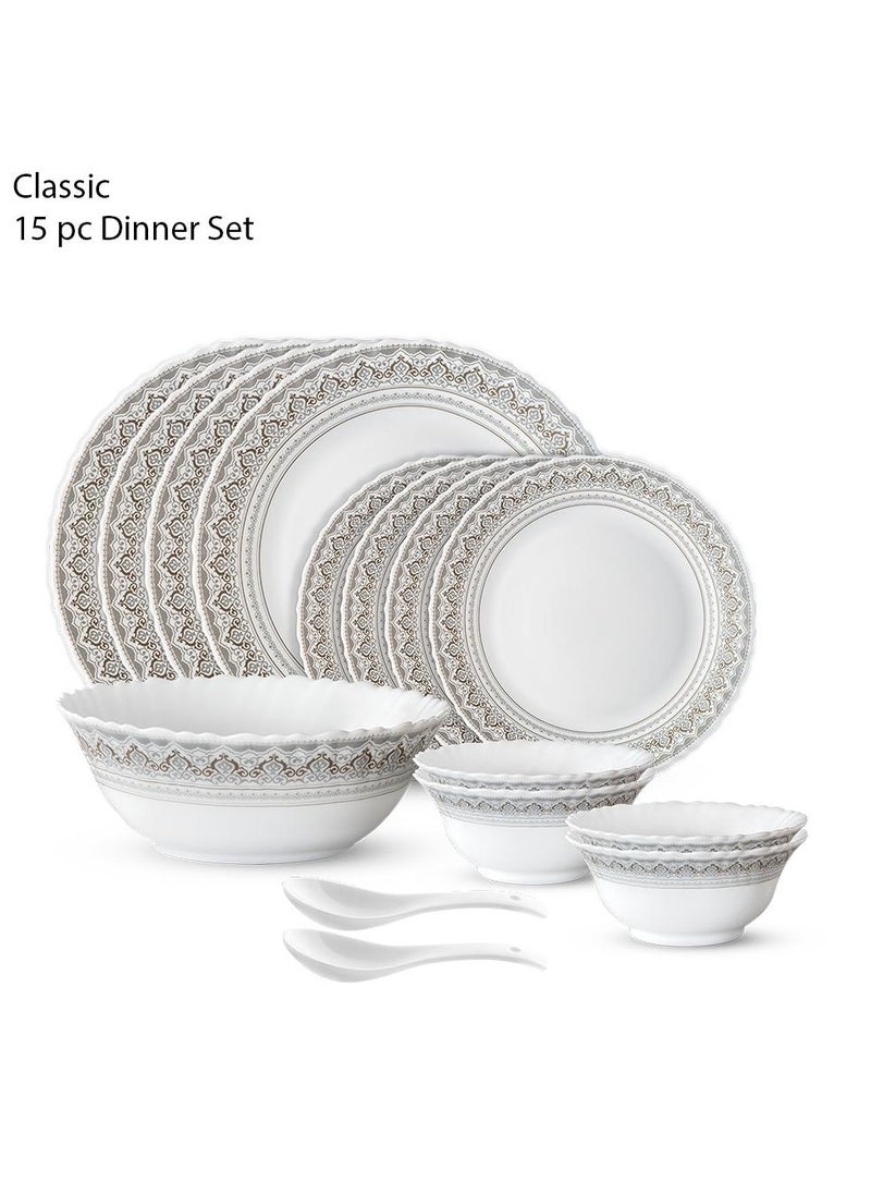 British Chef 15 Piece Opalware Dinner Set | Microwave & Dishwasher Safe-Classic Dinnerware Set With 4 Piece Dinner Plates, 4 Pcs Side Plates, 1 Pcs Serving Bowls, 4 Pcs Veg Bowls, 2 Pcs Spoons | Chip & Scratch Resistant, White  - Image 1