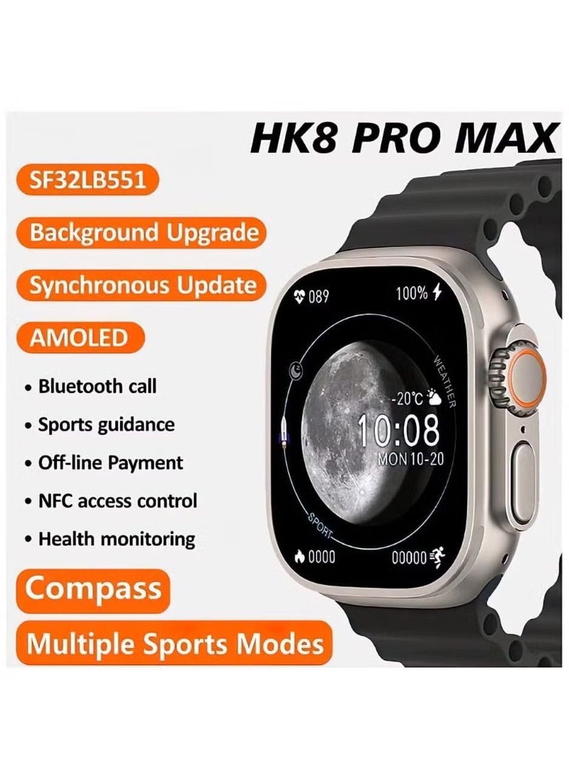 HK8 Pro Max 2.12 شاشة AMOLED ساعة ذكية فائقة السلسلة 8 ذاكرة 49 مم 256 ميجابايت بطارية 320 مللي أمبير بوصلة NFC مقاومة للماء IP68 شحن لاسلكي 4 أشرطة أسود - Image 2