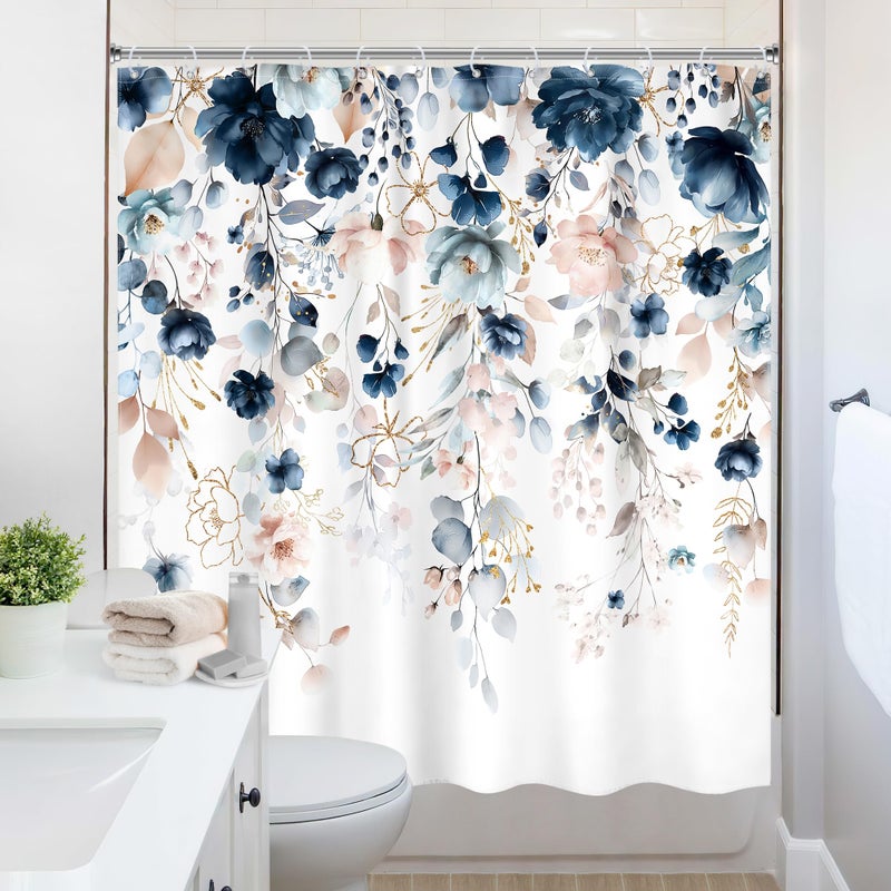 Ufeela Blue Floral Flower Shower Curtain, Cute Navy Flower Shower Curtain, Pastel Watercolor Plant Eucalyptus Leaf Girly Botanical Rustic Country 72Wx72L Inch Bath Bathtub Set Accessories Home Decor - Image 5