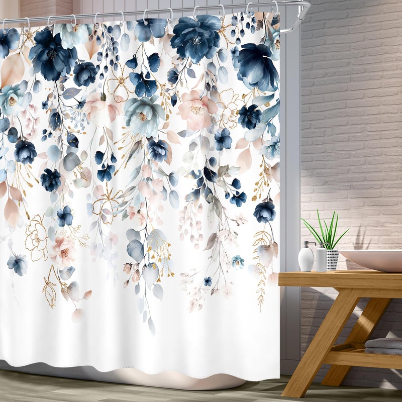 Ufeela Blue Floral Flower Shower Curtain, Cute Navy Flower Shower Curtain, Pastel Watercolor Plant Eucalyptus Leaf Girly Botanical Rustic Country 72Wx72L Inch Bath Bathtub Set Accessories Home Decor - Image 4