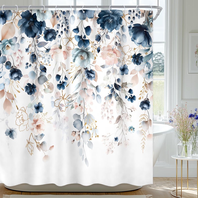 Ufeela Blue Floral Flower Shower Curtain, Cute Navy Flower Shower Curtain, Pastel Watercolor Plant Eucalyptus Leaf Girly Botanical Rustic Country 72Wx72L Inch Bath Bathtub Set Accessories Home Decor - Image 1