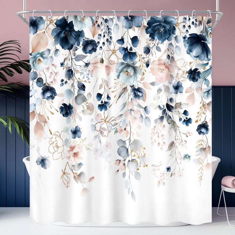 Ufeela Blue Floral Flower Shower Curtain, Cute Navy Flower Shower Curtain, Pastel Watercolor Plant Eucalyptus Leaf Girly Botanical Rustic Country 72Wx72L Inch Bath Bathtub Set Accessories Home Decor - Image 3