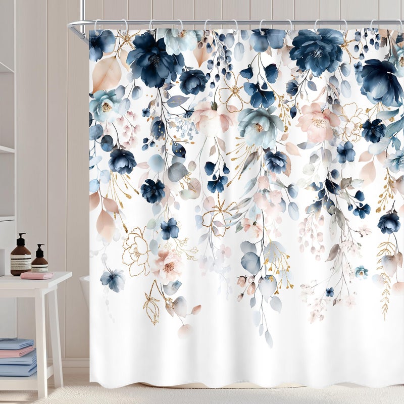 Ufeela Blue Floral Flower Shower Curtain, Cute Navy Flower Shower Curtain, Pastel Watercolor Plant Eucalyptus Leaf Girly Botanical Rustic Country 72Wx72L Inch Bath Bathtub Set Accessories Home Decor - Image 2
