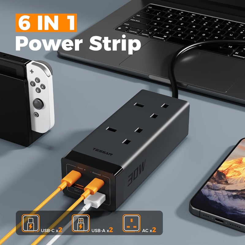 تيسان سلك تمديد TESSAN مع 4 منافذ USB، شاحن سريع USB C بقدرة 30 واط مع مقبس تمديد ثنائي الاتجاه، شريط طاقة محمي من زيادة التيار بطول 2 متر، محول متعدد المقابس بقدرة 3250 واط للاستخدام المنزلي والمكتبي والمدرسي - Image 2