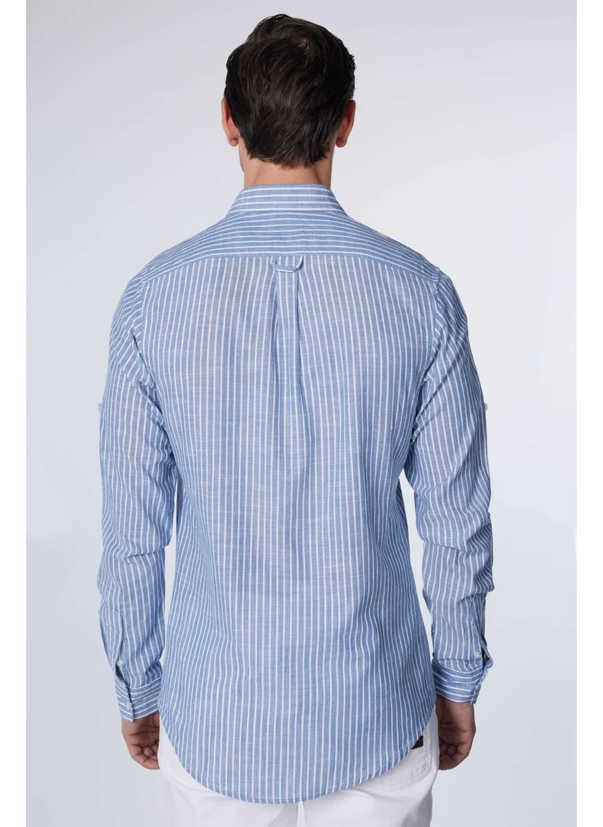 تودورس Slim Fit Long Sleeve Tight Fit Striped Summer Linen Texture Men's Shirt