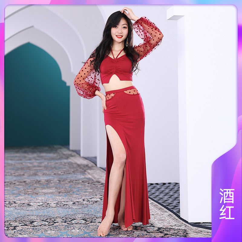 Generic Belly Dance New suit Clothing Womens Practice Clothes Oriental Dance Clothes Beginners Court Lantern Sleeves 5028 [Wine Red/Mist 2-piece Set] (Top Skirt) (Skirt with Safety Pants)
