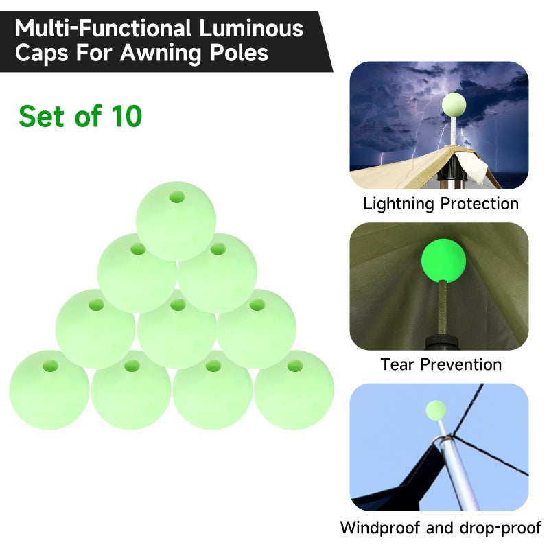 SAN LIKE SANLIKE Tarp Pole Tip Cover 10PCS Luminous Tip Cap Ball for Camping Tent Poles, TPR Insulation Material, Lightning Protection & Night Light - Image 2