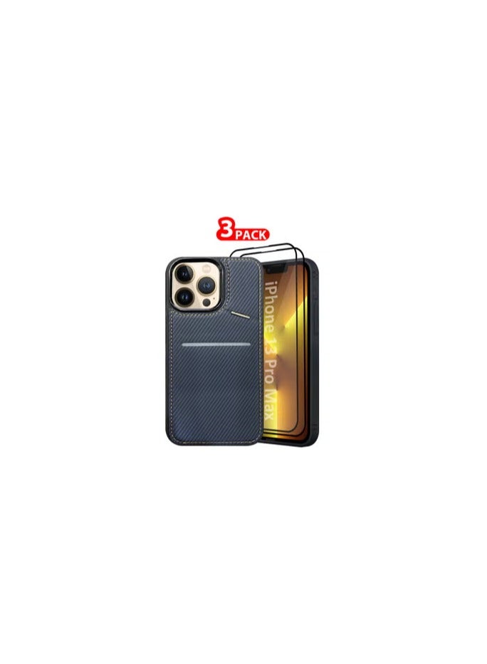 CATANES iPhone 13 Pro Max 3Pack Case Leather Cover Card Holder and Kickstand with 2 Screen Protector Tempered Glassfor Men Women Phone Case with Carbon Fiber Pattern  - Image 2