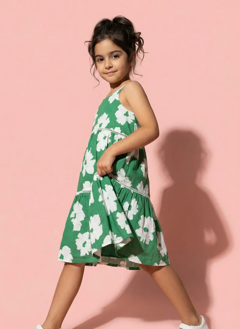 نوتيناتي Nautinati Girls 100% Cotton All-over Floral Print A-line Tiered Dress with Lace Design