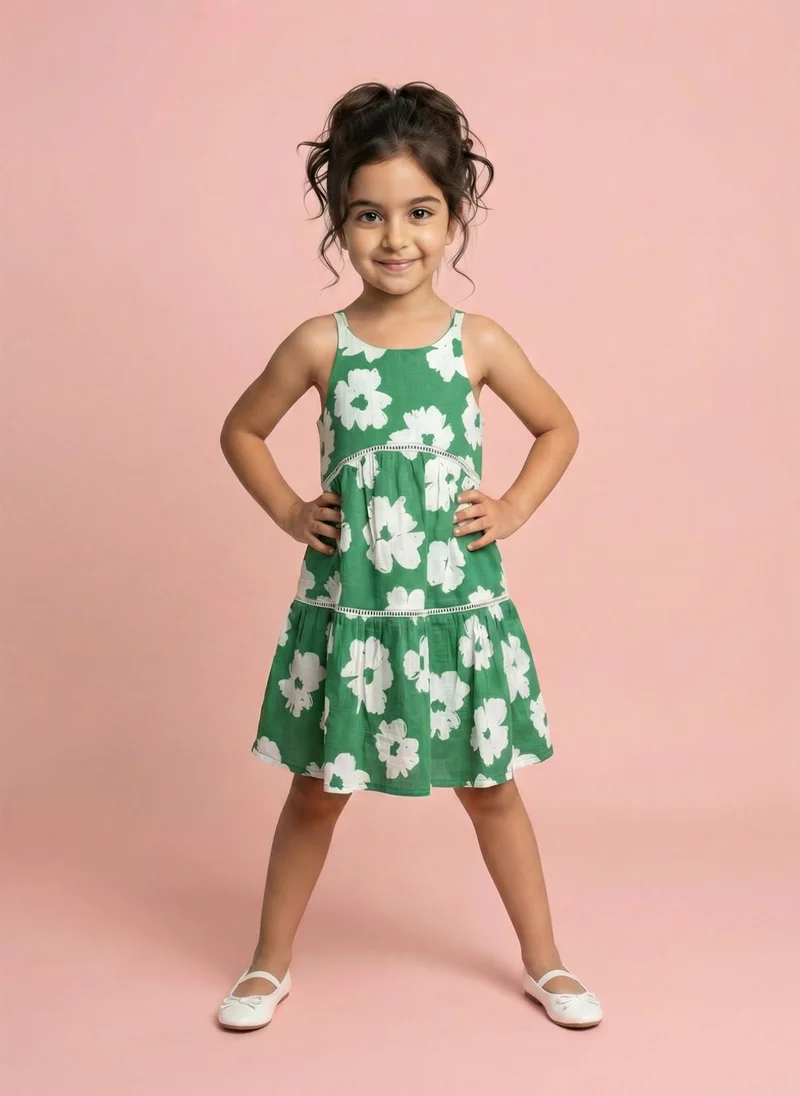 نوتيناتي Nautinati Girls 100% Cotton All-over Floral Print A-line Tiered Dress with Lace Design